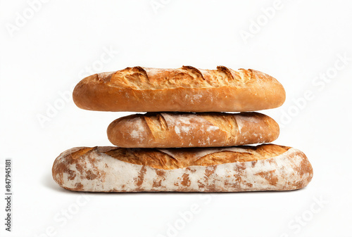 Three freshly baked baguettes stacked on white background