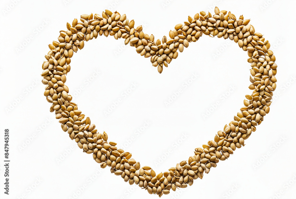 Obraz premium Heart shaped arrangement of golden grains on white background