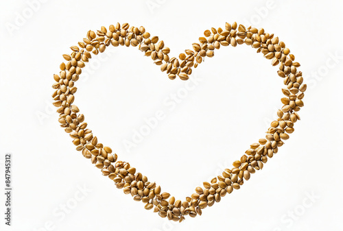 Heart shaped arrangement of dried seeds on white background