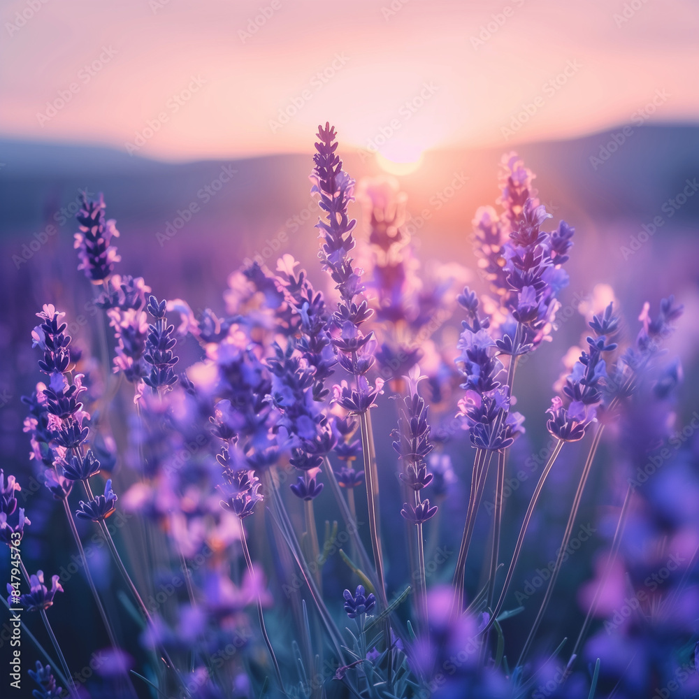Fototapeta premium Lavender Field in Bloom at Sunset with Soft Light