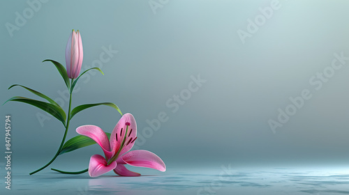 Close-up of yellow orange lily flower and bud against a neutral background, colorful art of ikebana photo