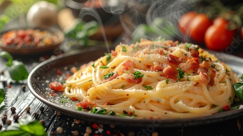 Close-up of a hot plate of spaghetti carbonara garnished with bacon  cheese  and parsley surrounded by ingredients