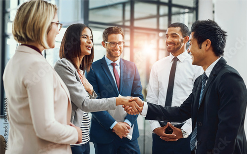 Group, business people and shaking hands for welcome, introduction or meeting in office. Handshake, smile and team with deal for collaboration, agreement or thank you for b2b partnership opportunity photo