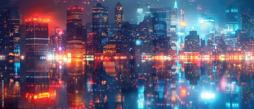 Obraz premium Vibrant cityscape at night with illuminated skyscrapers reflecting on water, creating a mesmerizing blend of colors and lights.