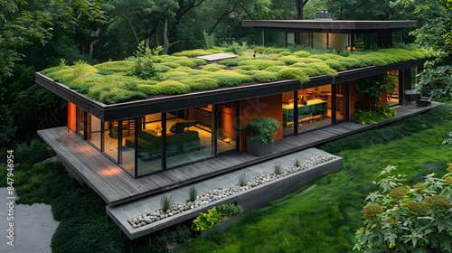 A house with a green roof that serves as additional habitat for plants and animals, enhancing thermal insulation.