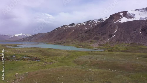 Lake Pater-Bashik in the mountains of the Central Tien Shan. Kyrgyzstan, Barskoon gorge, 3598 meters above sea level. Aero photo