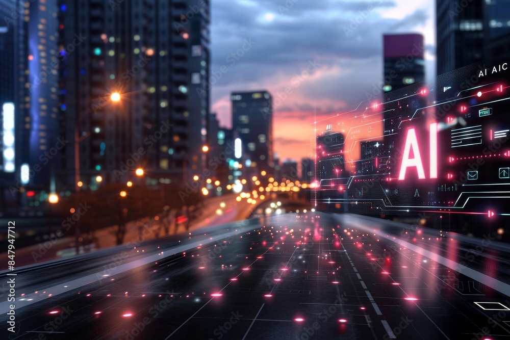 Futuristic cityscape with glowing AI signs, highlighting the integration of artificial intelligence in urban life and technological advancements. Futuristic cityscape with glowing AI signs, highlighting the integration of artificial intelligence in urban life and technological advancements.