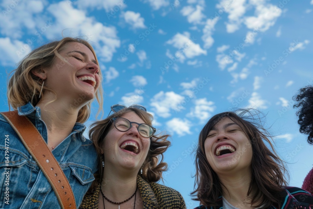 A cheerful friends laughing while standing against sky A cheerful friends laughing while standing against sky