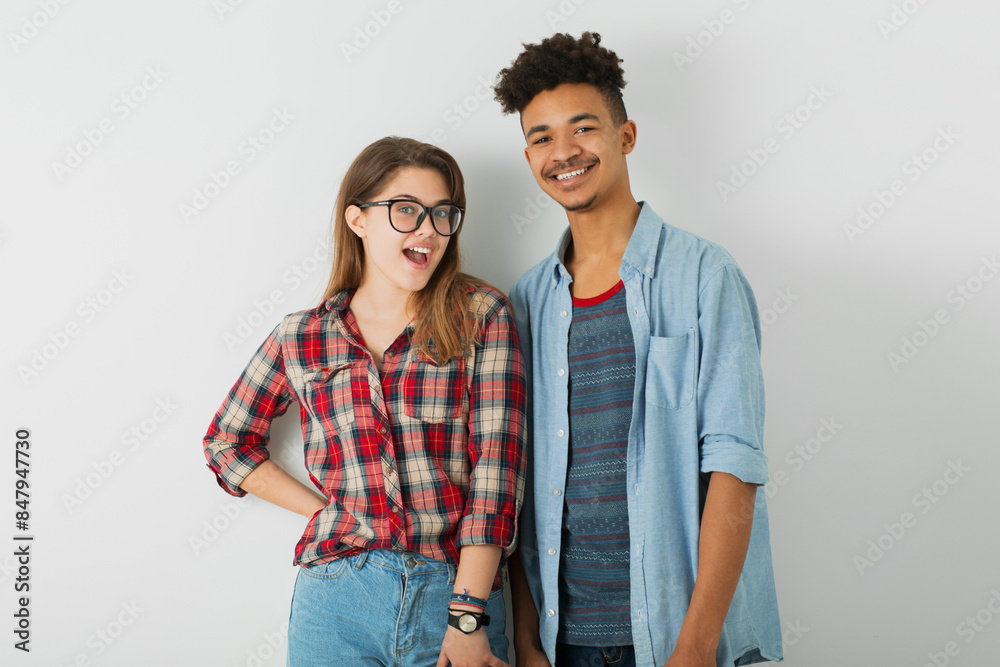 young pretty couple, handsome black african american man, beautiful woman smiling young pretty couple, handsome black african american man, beautiful woman smiling