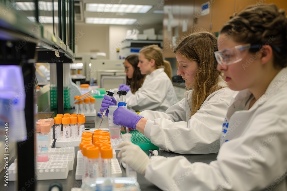 team of scientists in a innovative modern laboratory wearing lab white coats doing medical research team of scientists in a innovative modern laboratory wearing lab white coats doing medical research