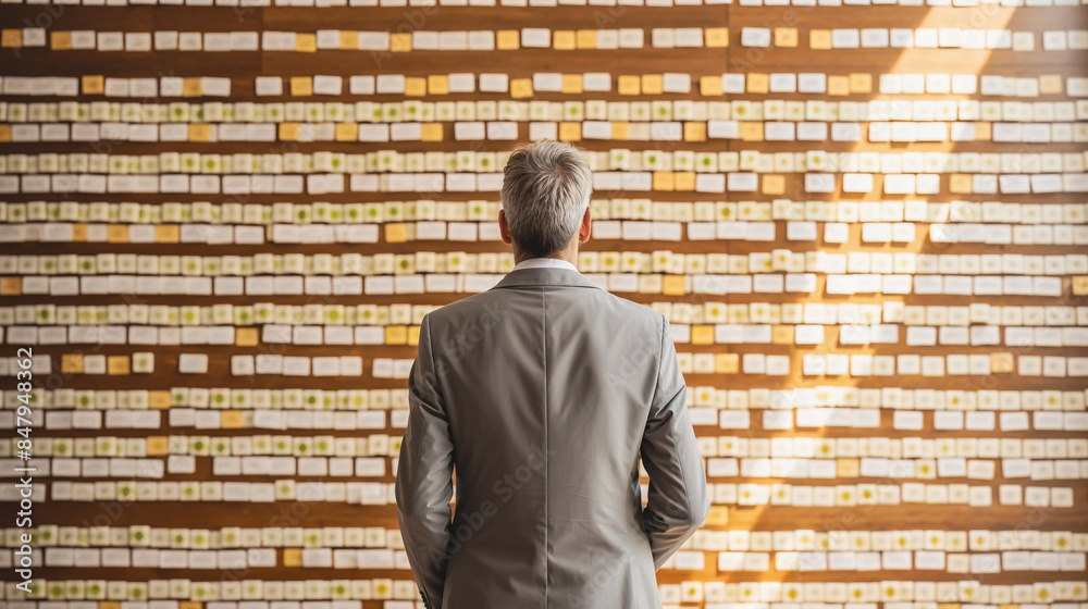 businessman in neutral colour elegant suit standing in front of ideas board with adhesive cards. Back view, businessman in neutral colour elegant suit standing in front of ideas board with adhesive cards. Back view,