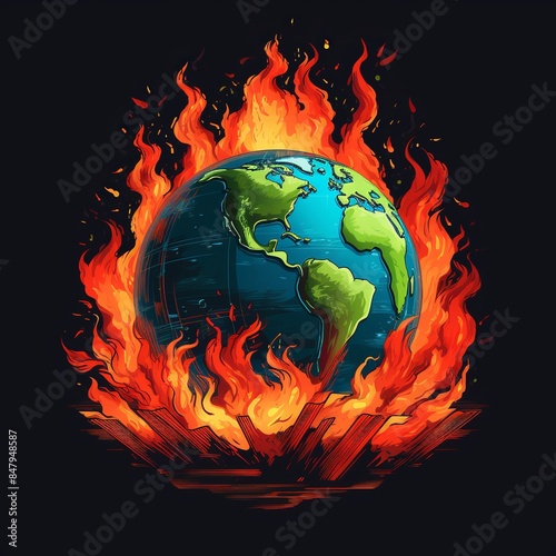 illustration of Free vector global warming with earth on fire, Generative ai