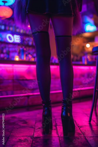 Woman Standing at Bar in Neon Lighting