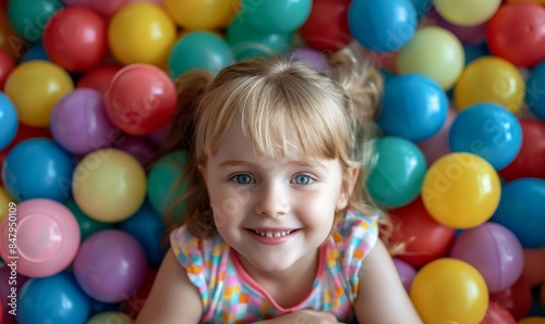 Adorable toddler enjoying a playful moment in a vibrant ball pit filled with multicolored balls. The child's radiant smile and curly hair highlight their pure delight and innocent joy. © Valerii Apetroaiei