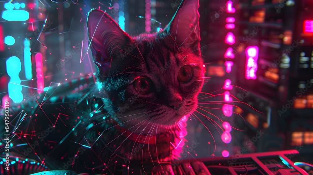 Hyper-Detailed Cyborg Cat Amid Vibrant Neon Lights and Futuristic Dystopia Hyper-Detailed Cyborg Cat Amid Vibrant Neon Lights and Futuristic Dystopia