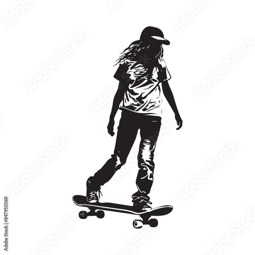 Vector illustration. Silhouette of a girl on a skateboard. Stock Vector