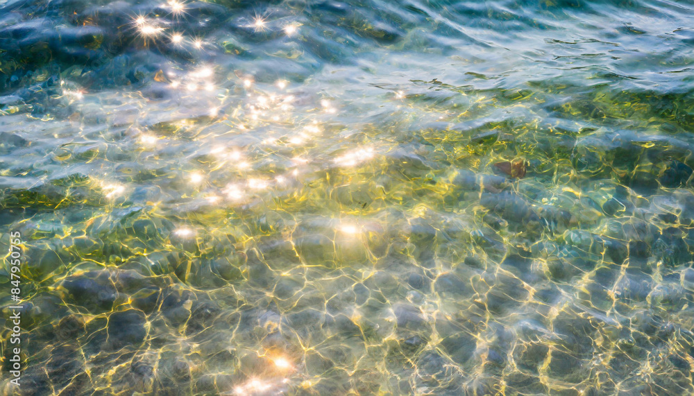 Obraz premium water waves of the sea and ocean with glare and rays of the sun, summer wallpaper for the presentation of recreation and vacation