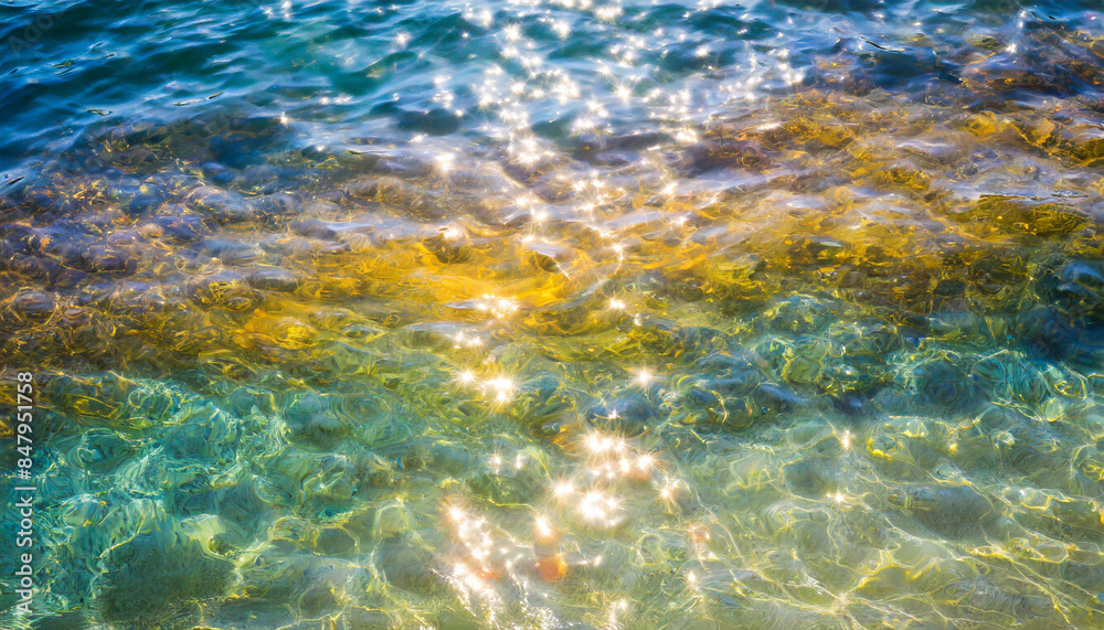 Fototapeta premium water waves of the sea and ocean with glare and rays of the sun, summer wallpaper for the presentation of recreation and vacation