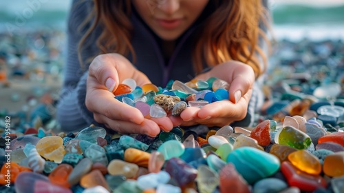 A woman holds a handful of smooth, colorful sea glass on a beach covered in similar stones