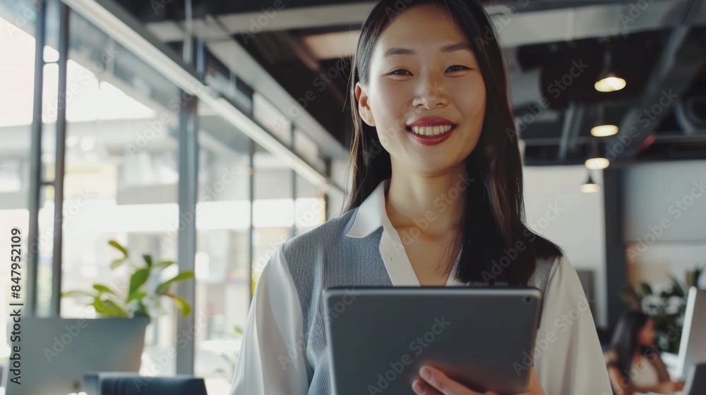 A Confident Young Woman Smiles Brightly While Holding a Tablet in a Modern Office Setting A Confident Young Woman Smiles Brightly While Holding a Tablet in a Modern Office Setting