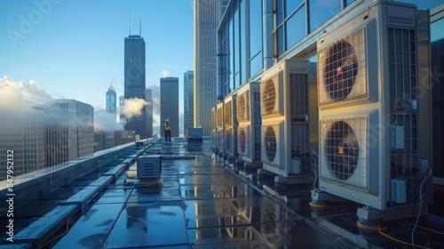Wallpaper Mural City rooftop with HVAC units and skyscrapers in the background Torontodigital.ca