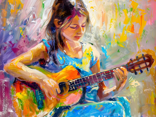 The girl plays the guitar. Music lessons Oil color painting. Generative AI.