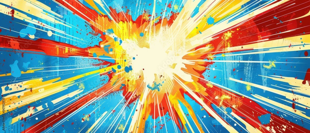 Dynamic comic book burst, vibrant explosion with blue, red, and yellow Dynamic comic book burst, vibrant explosion with blue, red, and yellow