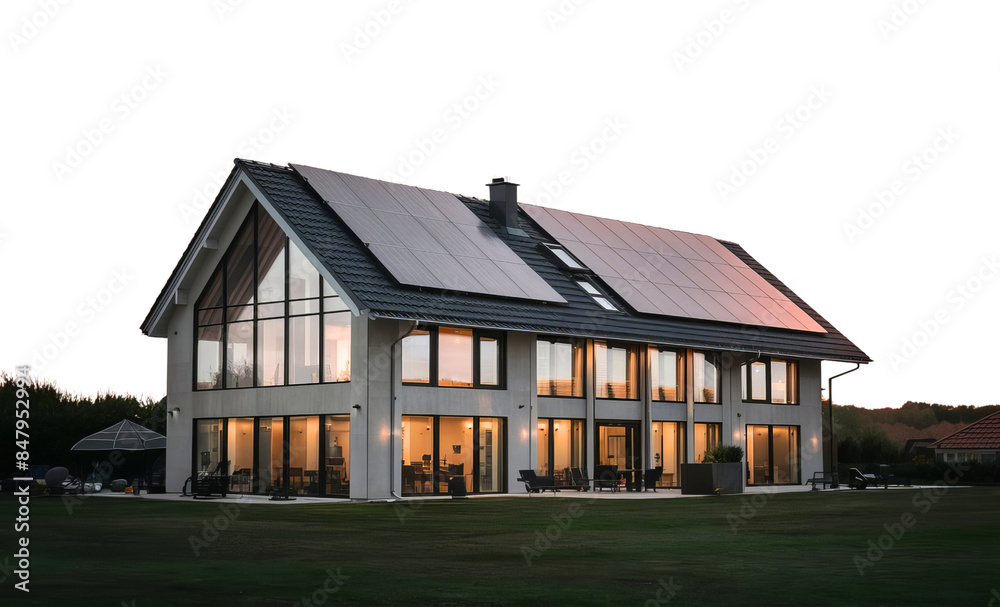 Modern Glass House with Solar Panels on the roof top, sustainable architecture Modern Glass House with Solar Panels on the roof top, sustainable architecture