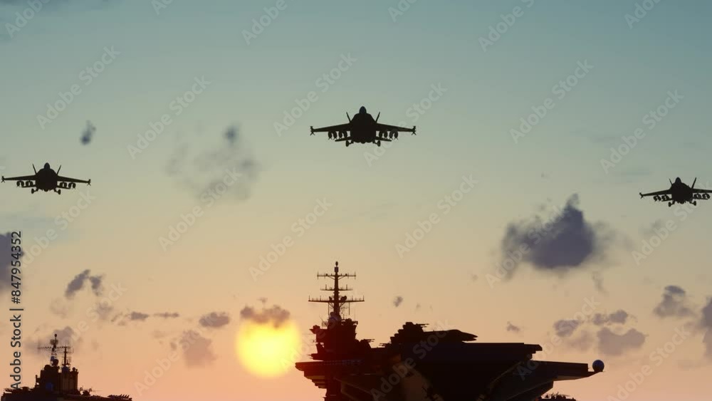 Aerial photography of aircraft carrier battle group at sea at sunset