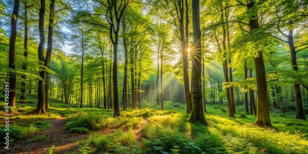 Obraz premium Sunlight streaming through trees in green forest