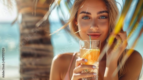 Woman enjoying a refreshing beverage on a tropical beach
