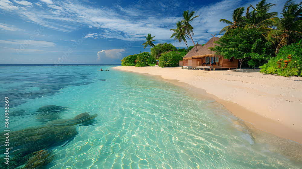 Fototapeta premium A picturesque beach scene on the Maldives with pristine white sands, turquoise waters, and luxurious overwater bungalows. Include vibrant marine life for snorkeling and diving.