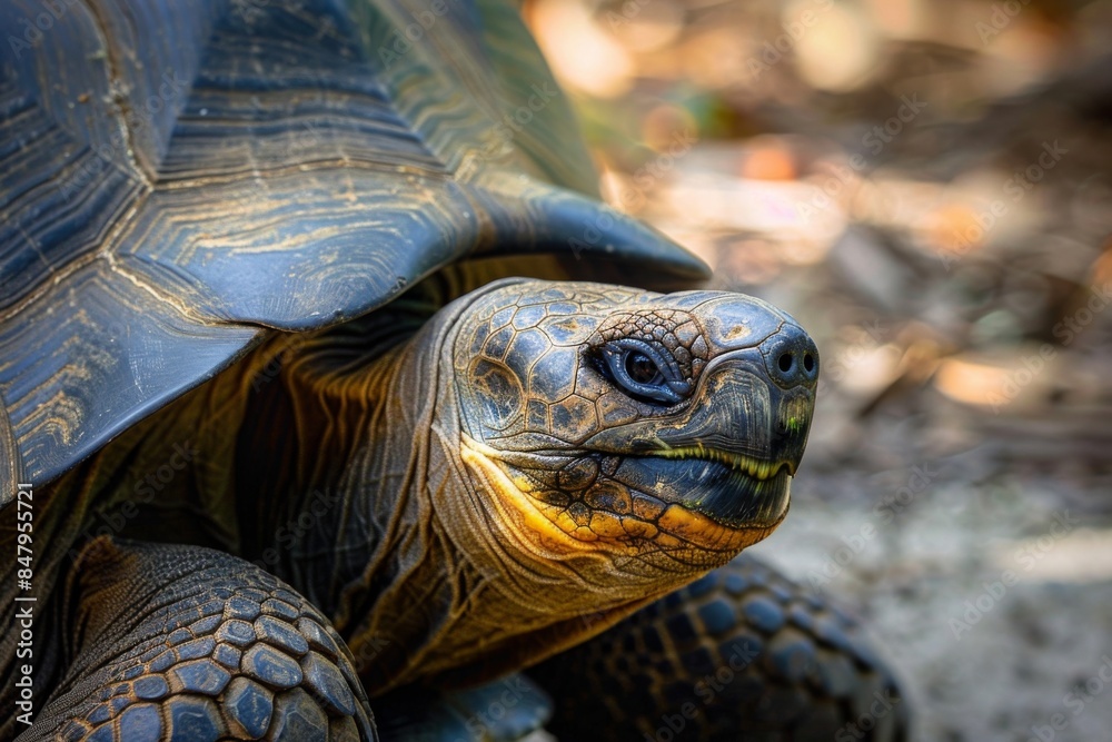 A large Galapagos tortoise with its head raised, looking directly at the viewer A large Galapagos tortoise with its head raised, looking directly at the viewer