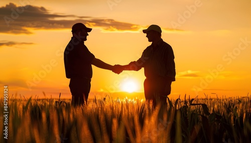 Farmers Shaking Hands Silhouette at Sunset in Cornfield