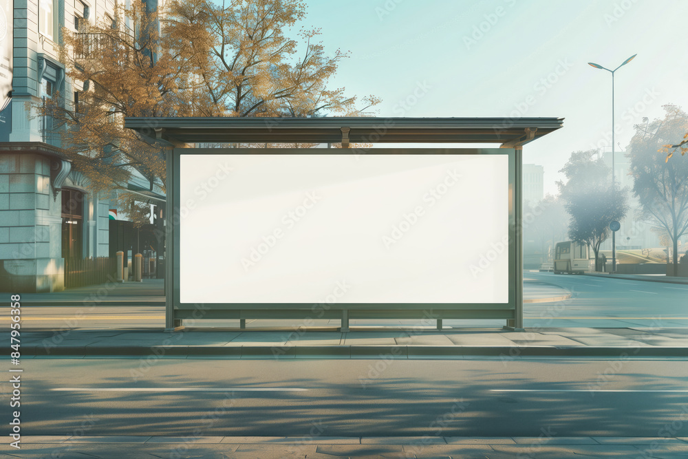 A blank white billboard for mock up on the side of an urban bus stop, with a autumn city street in the background A blank white billboard for mock up on the side of an urban bus stop, with a autumn city street in the background