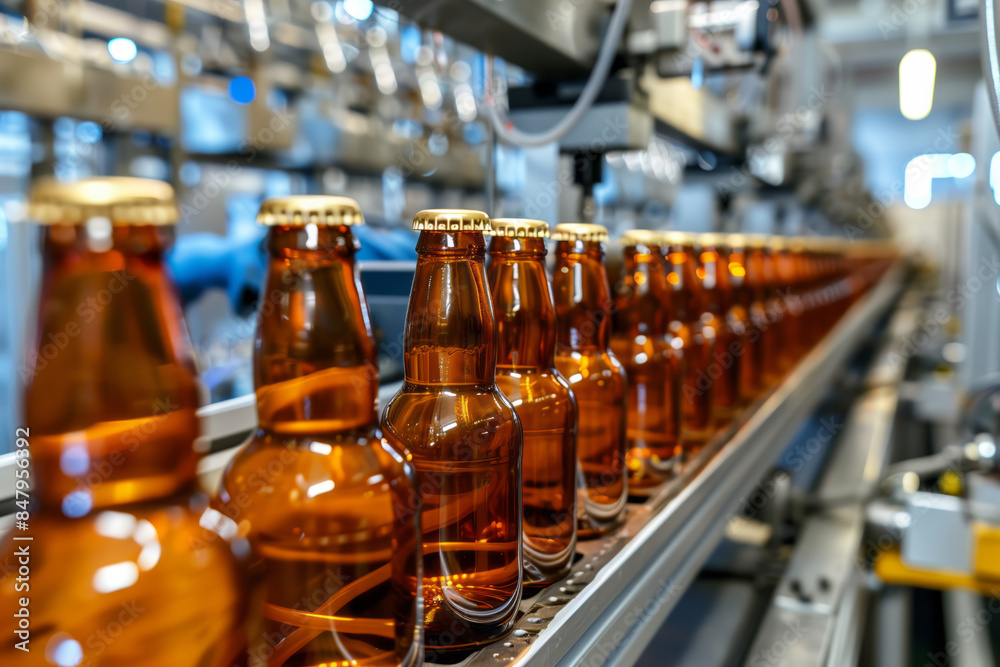 A row of beer bottles in a brewery's production line. Shallow depth of field A row of beer bottles in a brewery's production line. Shallow depth of field