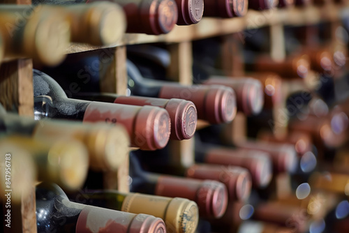 Close-Up of wine bottles in a wooden wine cellar rack. Shallow depth of field