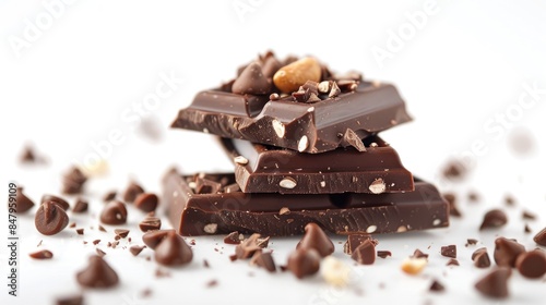 Isolated pile of chocolate pieces with nuts on a white background