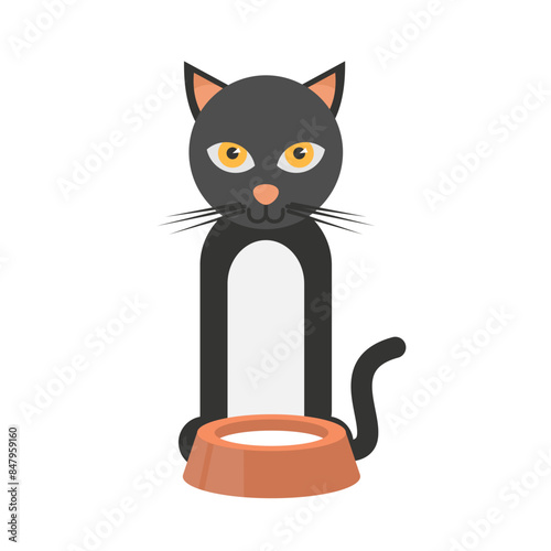 Cat is eating. Cat with a bowl of milk, vector illustration