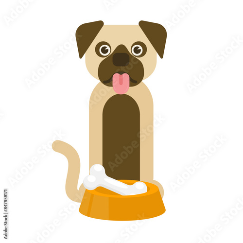 Dog is eating. Pet with a bone on a plate, vector illustration