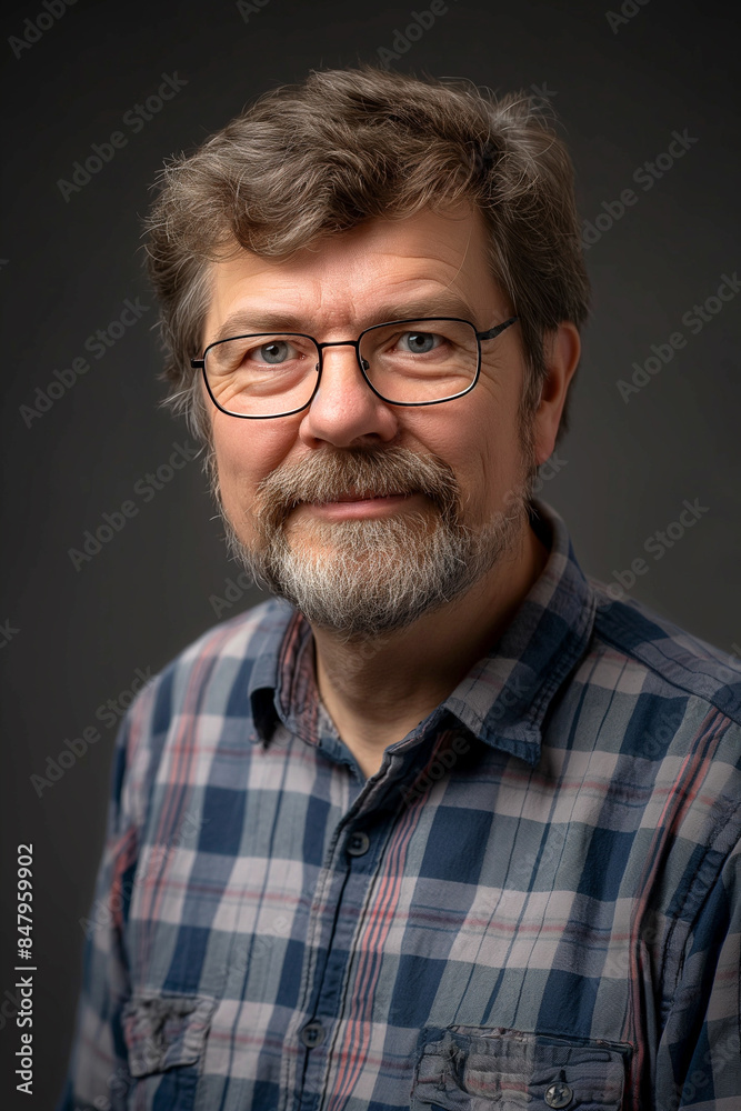 Mature Man with Glasses and Beard in Plaid Shirt Mature Man with Glasses and Beard in Plaid Shirt