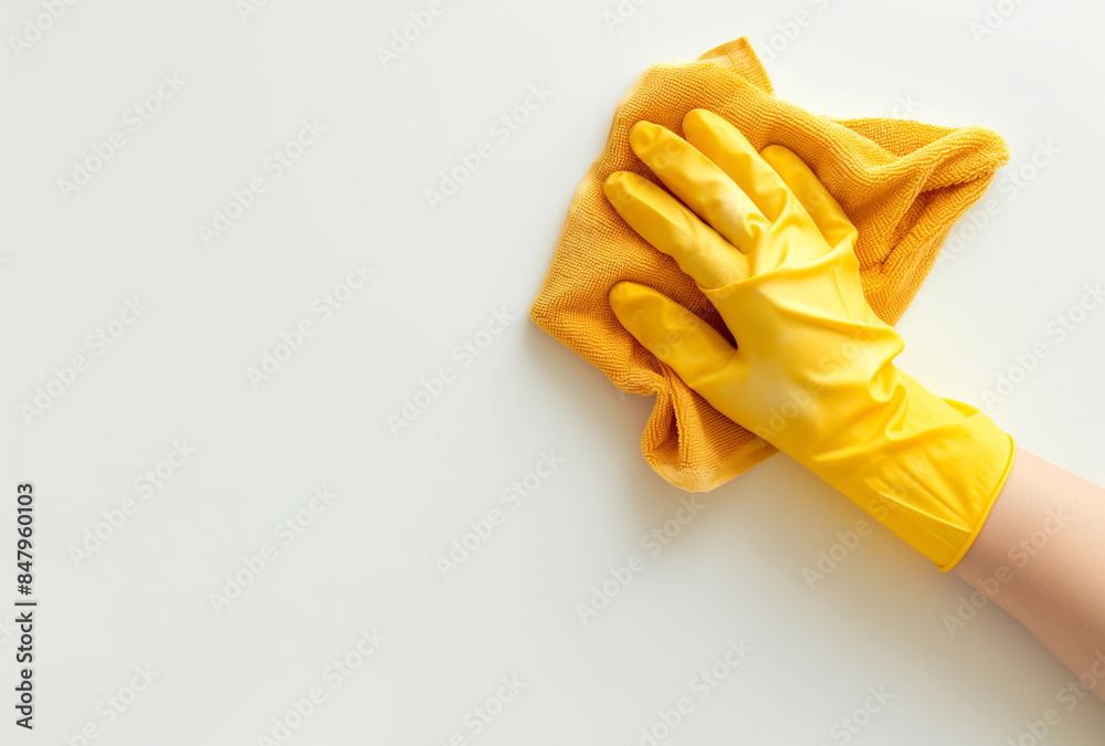a hand in rubber gloves holding a cloth for cleaning a hand in rubber gloves holding a cloth for cleaning