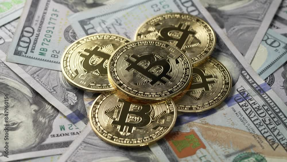 Close up of metal golden bitcoin crypto currency coins on US 100 dollar bills, rotates. Electronic decentralized money concept. Exchange bitcoin cash for a dollar. Bitcoin coin and cash background