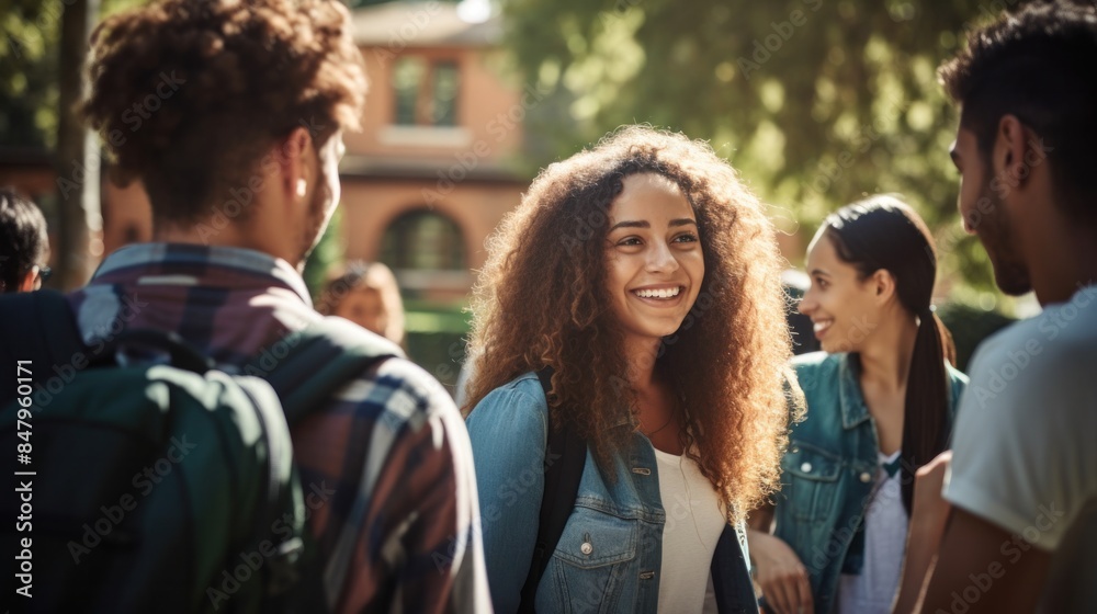 University students talk and laugh together on the college campus. University students talk and laugh together on the college campus.