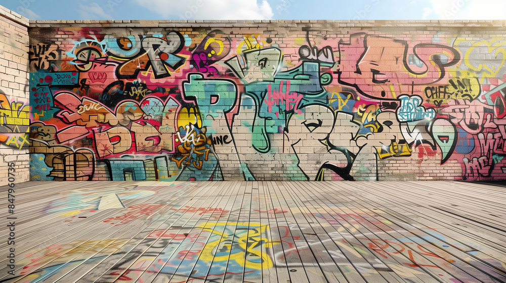 Naklejka premium Graffiti Art on Old Brick Wall with Tiled Floor