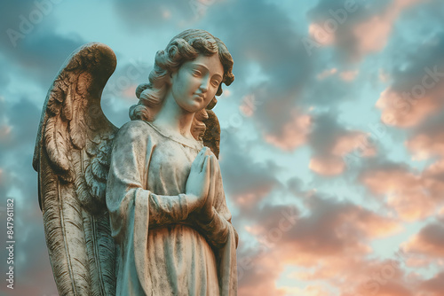 Angel statue serene sky background spiritual guardian peaceful divine celestial sculpture heavenly figure prayerful posture tranquil beauty