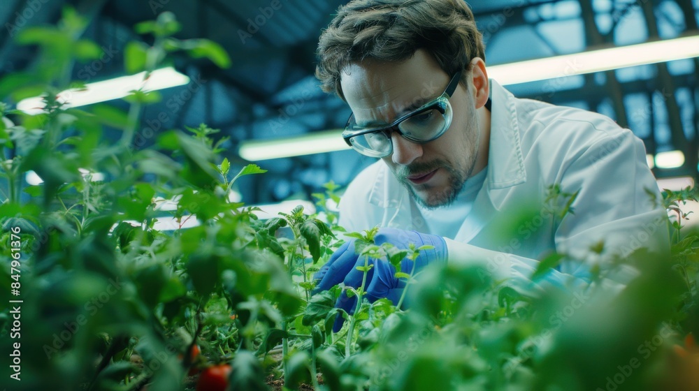 Genetically modified scientists work in a vegetable greenhouse. agricultural technology Genetically modified scientists work in a vegetable greenhouse. agricultural technology
