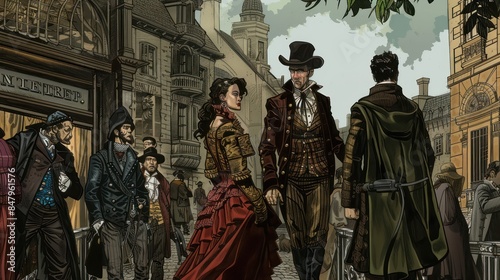 Historical graphic novel scene depicting a pivotal moment in a bygone era with detailed artwork capturing the fashion architecture and atmosphere of a specific time period bringing photo