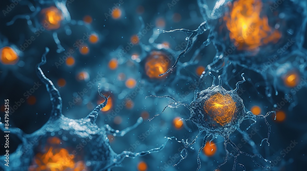 This abstract image features glowing orbs of orange light against a blue and black background This abstract image features glowing orbs of orange light against a blue and black background