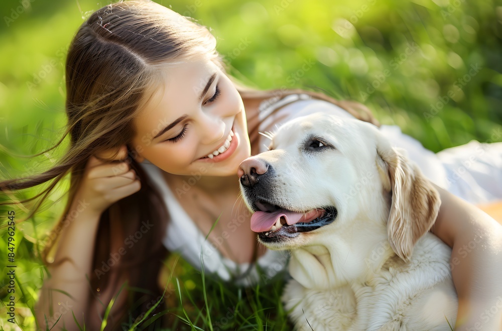 Young Woman Petting Labrador Retriever on a Sunny Day in the Park